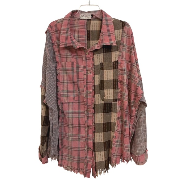 Bad Little Country Girl Two Tops - Bad Little Country Girl Tina Patchwork Plaid Boho Western Pink Brown XL Frayed